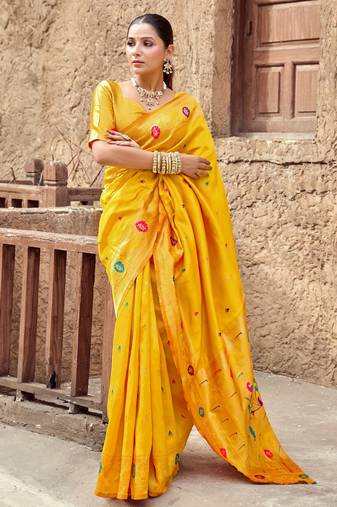 Yellow soft silk blend banarasi jacuard work designer party wear saree with unstitched blouse piece