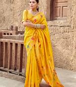 Yellow silk blend banarasi saree with unstitched blouse piece