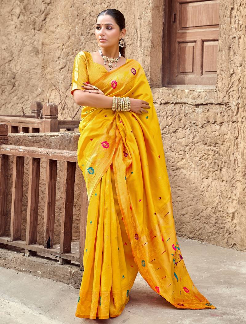 Yellow soft silk blend banarasi jacuard work designer party wear saree with unstitched blouse piece