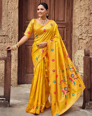 Yellow silk blend banarasi saree with unstitched blouse piece 2