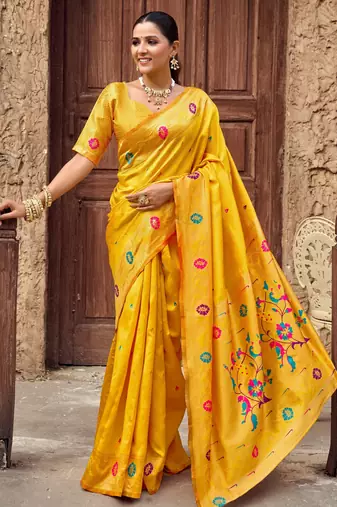 Yellow silk blend banarasi saree with unstitched blouse piece