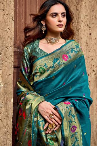 Teal blue soft silk blend banarasi jacuard work designer party wear saree with unstitched blouse piece
