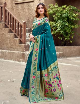 Teal blue silk blend banarasi saree with unstitched blouse piece 3