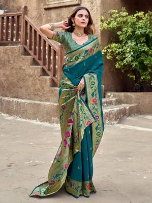 Teal blue silk blend banarasi saree with unstitched blouse piece 4