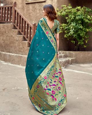 Teal blue silk blend banarasi saree with unstitched blouse piece 5