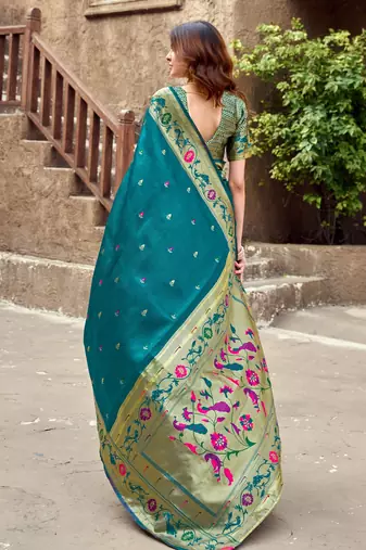 Teal blue silk blend banarasi saree with unstitched blouse piece