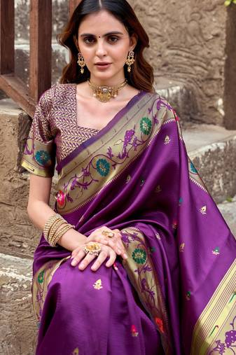 Purple soft silk blend banarasi jacuard work designer party wear saree with unstitched blouse piece