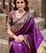 Purple silk blend banarasi saree with unstitched blouse piece