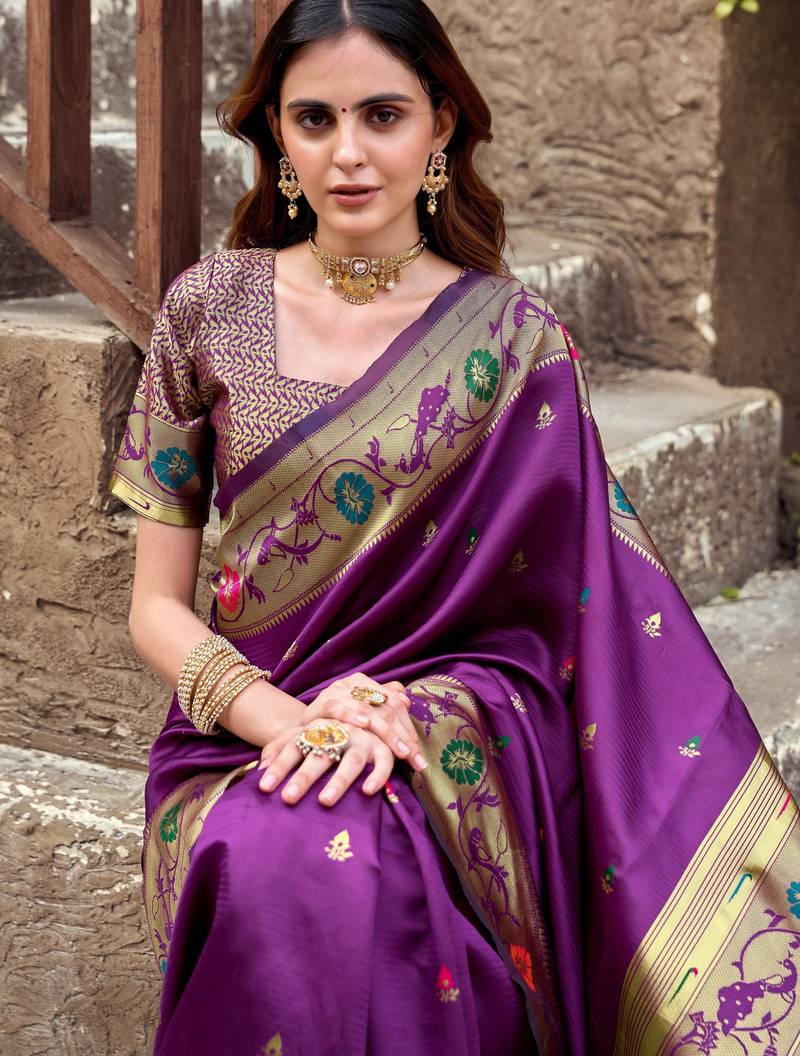 Purple soft silk blend banarasi jacuard work designer party wear saree with unstitched blouse piece