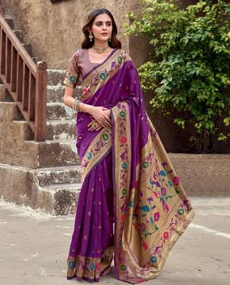 Purple silk blend banarasi saree with unstitched blouse piece 2