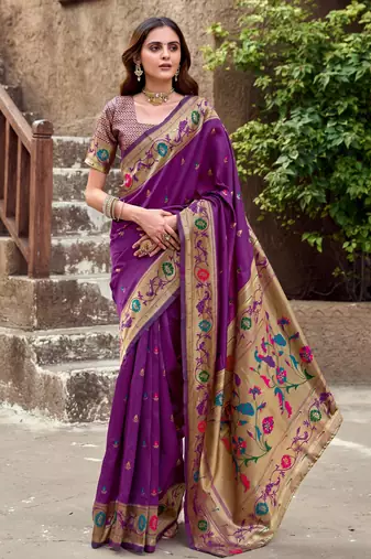 Purple silk blend banarasi saree with unstitched blouse piece