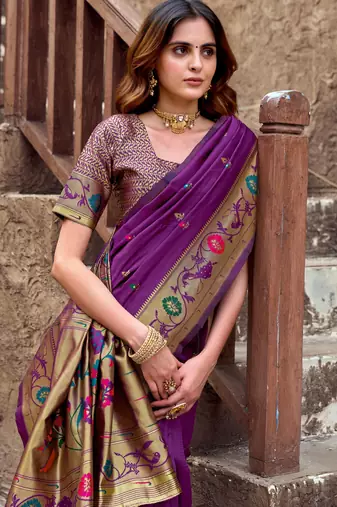 Purple silk blend banarasi saree with unstitched blouse piece