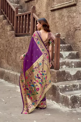 Purple silk blend banarasi saree with unstitched blouse piece