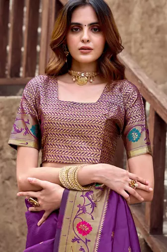 Purple silk blend banarasi saree with unstitched blouse piece