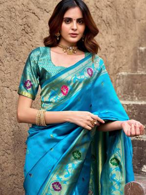 Turquoise silk blend banarasi saree with unstitched blouse piece 1