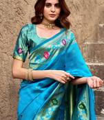 Turquoise silk blend banarasi saree with unstitched blouse piece