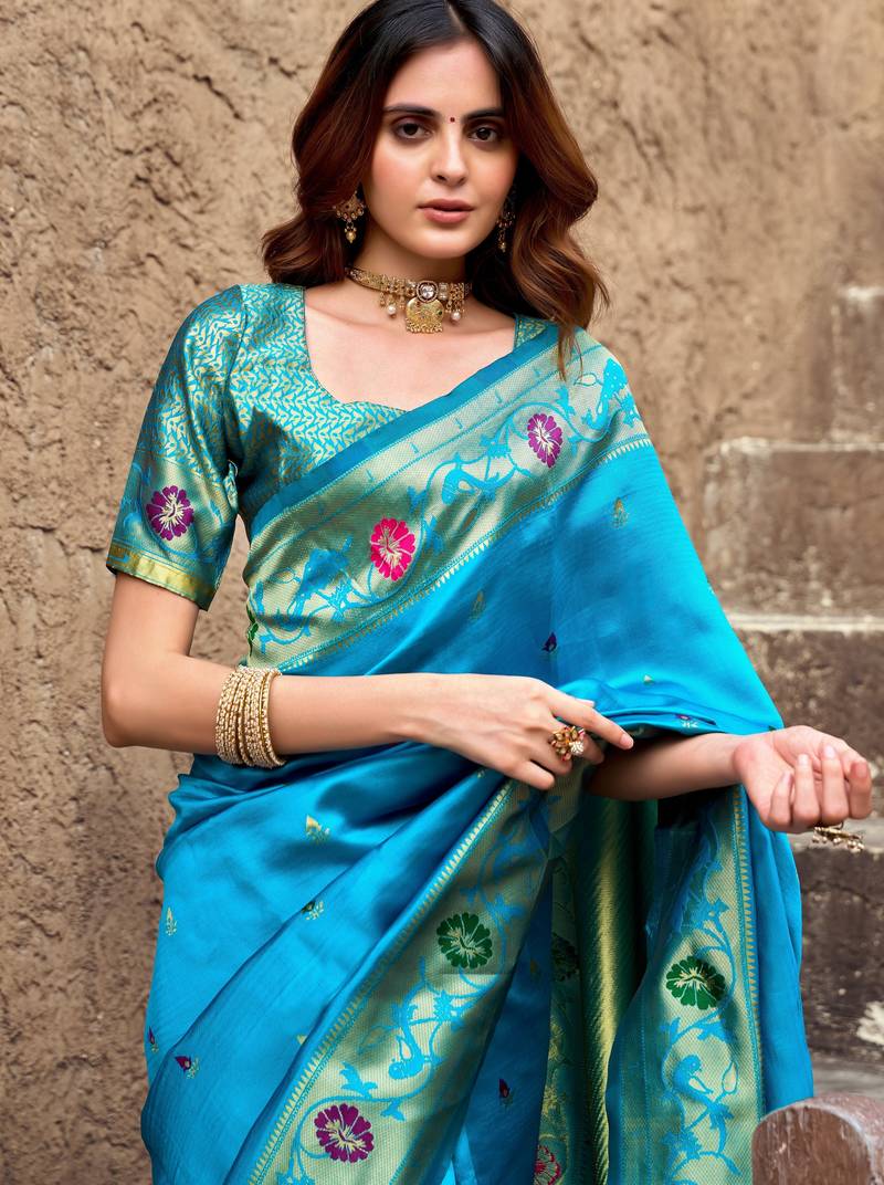 Turquoise soft silk blend banarasi jacuard work designer party wear saree with unstitched blouse piece