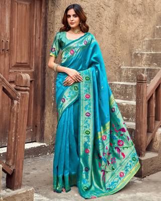 Turquoise silk blend banarasi saree with unstitched blouse piece 2