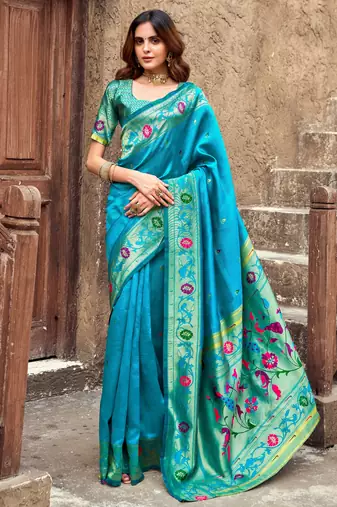 Turquoise silk blend banarasi saree with unstitched blouse piece