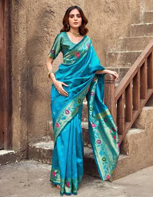 Turquoise silk blend banarasi saree with unstitched blouse piece 3