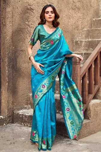 Turquoise silk blend banarasi saree with unstitched blouse piece