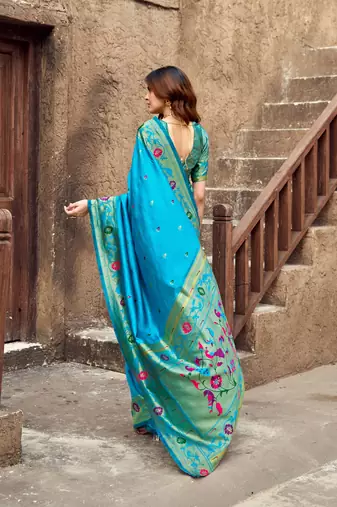 Turquoise silk blend banarasi saree with unstitched blouse piece