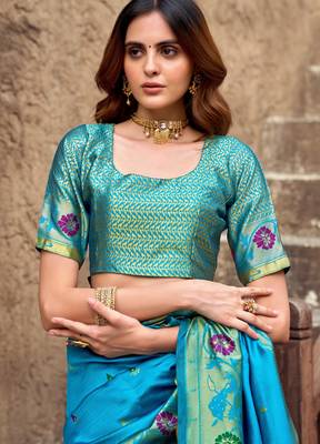 Turquoise silk blend banarasi saree with unstitched blouse piece 5