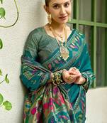 Teal blue silk blend banarasi saree with unstitched blouse piece