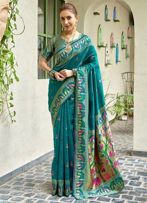 Teal blue silk blend banarasi saree with unstitched blouse piece 2