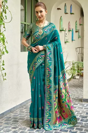 Teal blue silk blend banarasi saree with unstitched blouse piece