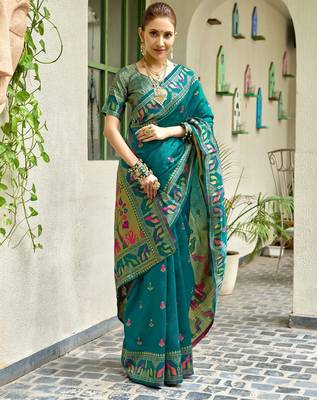 Teal blue silk blend banarasi saree with unstitched blouse piece 3