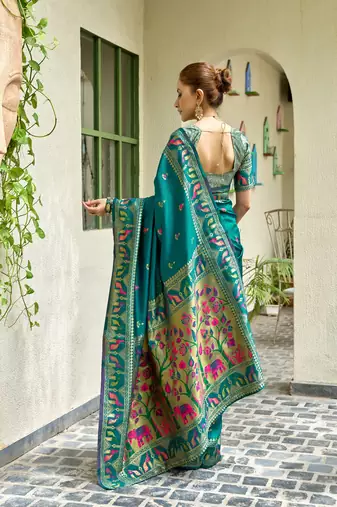 Teal blue silk blend banarasi saree with unstitched blouse piece