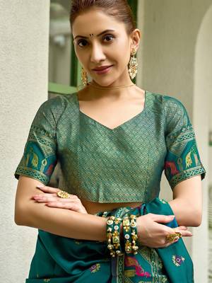 Teal blue silk blend banarasi saree with unstitched blouse piece 5