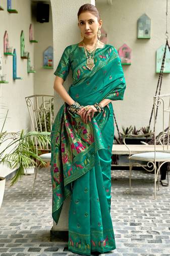Teal green silk blend banarasi saree with unstitched blouse piece
