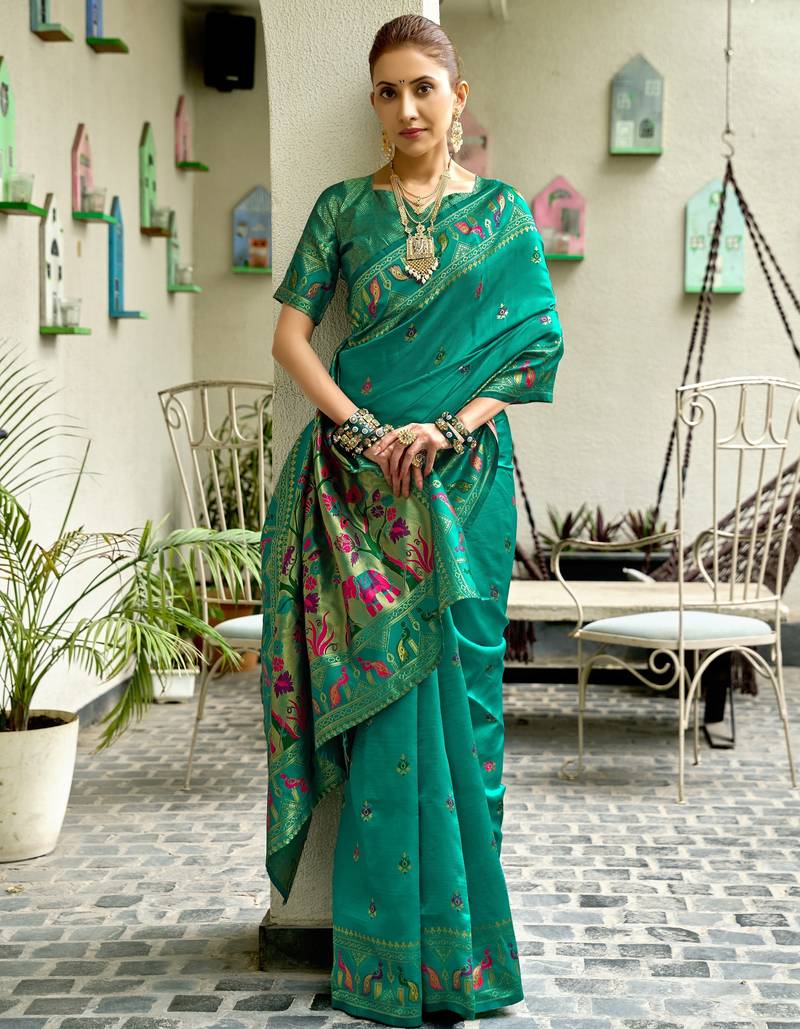 Teal green soft silk blend banarasi jacuard work designer party wear saree with unstitched blouse piece