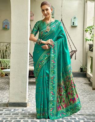 Teal green silk blend banarasi saree with unstitched blouse piece 2