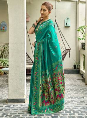 Teal green silk blend banarasi saree with unstitched blouse piece 3