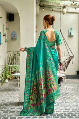Teal green silk blend banarasi saree with unstitched blouse piece 4