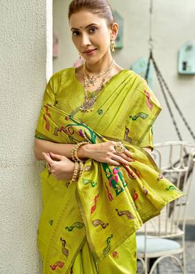 Parrot silk blend banarasi saree with unstitched blouse piece 1