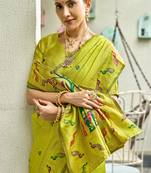 Parrot soft silk blend banarasi jacuard work designer party wear saree with unstitched blouse piece