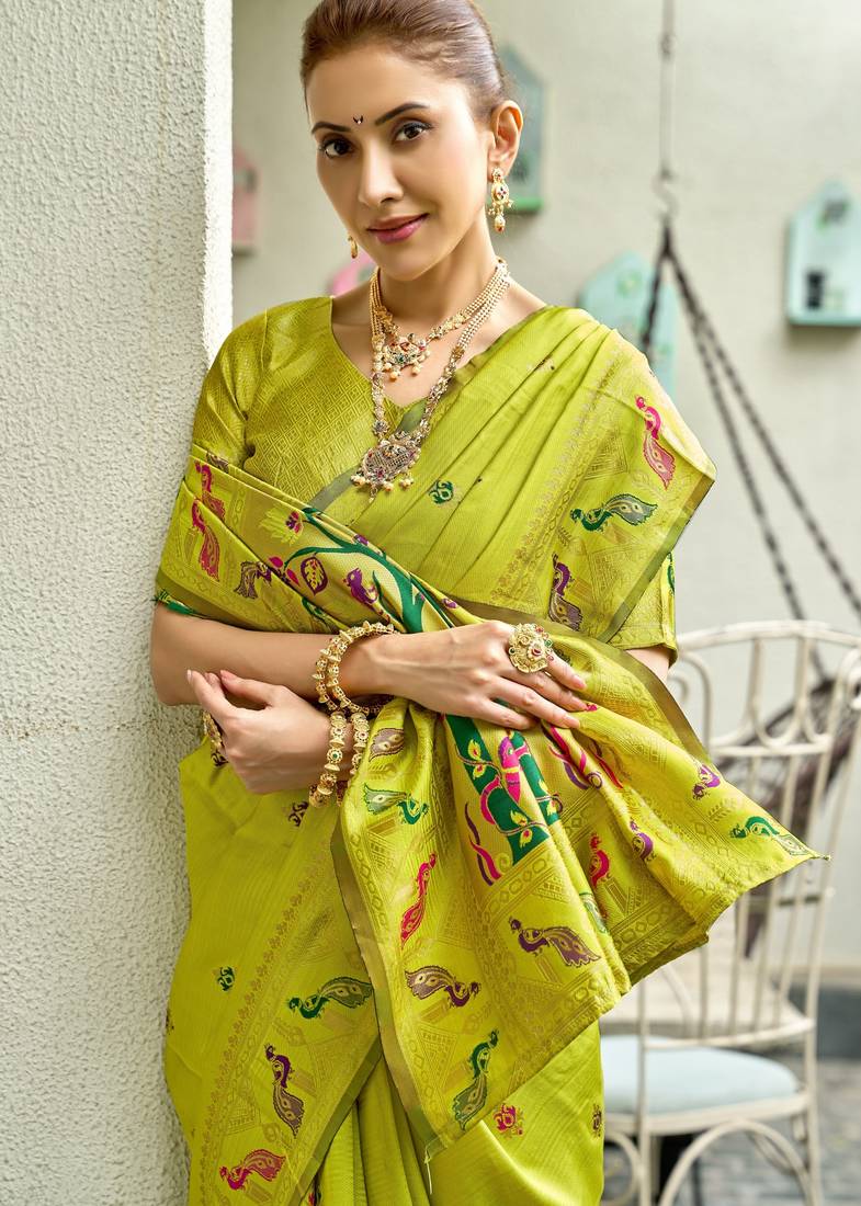 Parrot soft silk blend banarasi jacuard work designer party wear saree with unstitched blouse piece