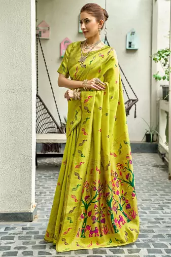 Parrot silk blend banarasi saree with unstitched blouse piece