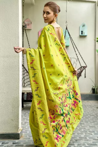 Parrot silk blend banarasi saree with unstitched blouse piece