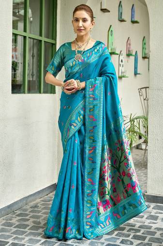Turquoise soft silk blend banarasi jacuard work designer party wear saree with unstitched blouse piece