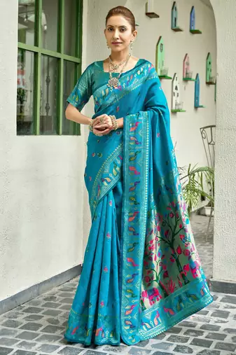 Turquoise silk blend banarasi saree with unstitched blouse piece