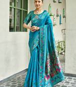 Turquoise silk blend banarasi saree with unstitched blouse piece