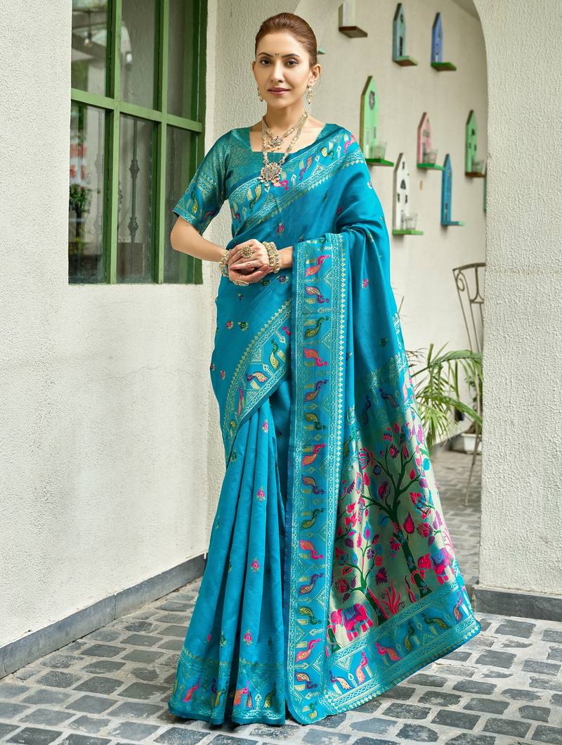 Turquoise soft silk blend banarasi jacuard work designer party wear saree with unstitched blouse piece