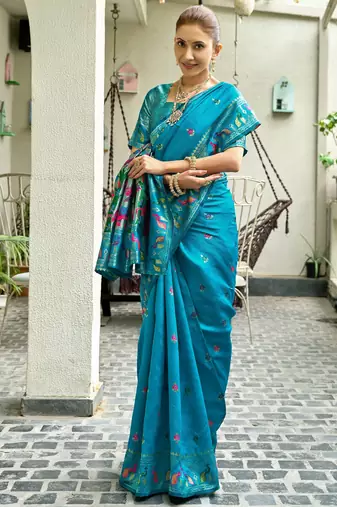 Turquoise silk blend banarasi saree with unstitched blouse piece