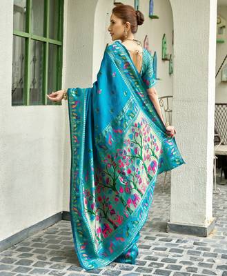 Turquoise silk blend banarasi saree with unstitched blouse piece 3