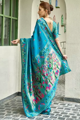 Turquoise silk blend banarasi saree with unstitched blouse piece